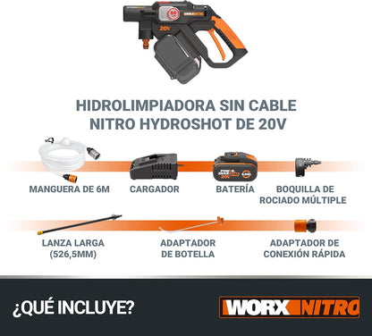 HIDROLIMPIADORA WORX NITRO HYDROSHOT 20V - MOTOR BRUSHLESS 56 BAR CON BATERÍA 4.0Ah Y CARGADOR