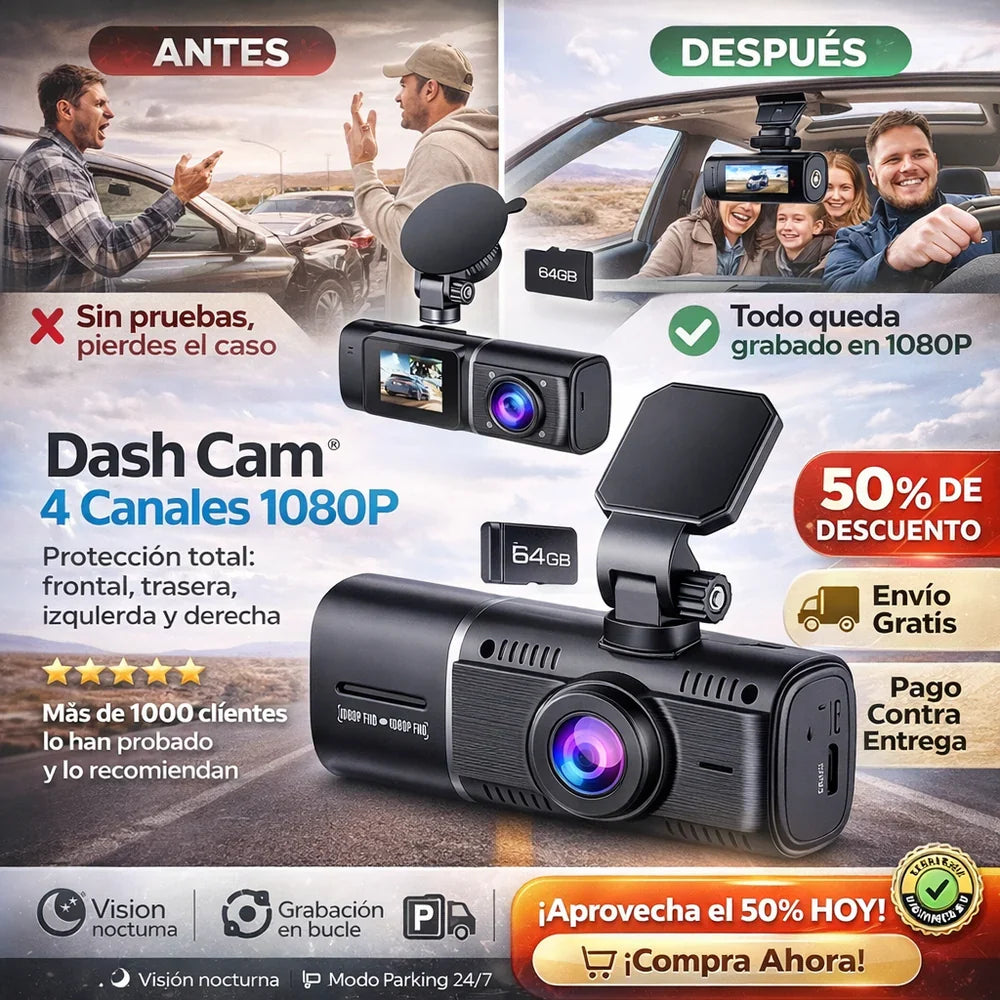 Dash Cam® Cámara de parabrisas para auto de 4 canales, DVR para coche 1080P con tarjeta de memoria de 64 GB, videovigilancia para coche con visión nocturna