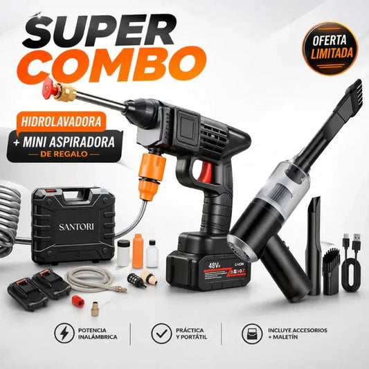 COMBO ESPECIAL: Hidrolavadora Portátil + (Aspiradora 3 en 1 + Doble Batería + Maletín)